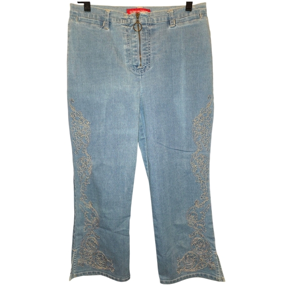 Gloria Vanderbilt Denim Blue Flare Embroidered Jeans Zipup Size 8 - Picture 1 of 10